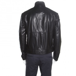 Pre Owned Salvatore Ferragamo Black Leather Quilted Shoulder Zip Front Jacket L
