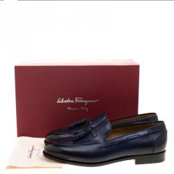 Pre Owned Salvatore Ferragamo Navy Blue Leather Loreno Tassel Loafers Size 44.5