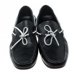 مملوكة مسبقًا Salvatore Ferragamo Black Leather Contrast Bow Loafers Size 42.5