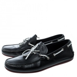 مملوكة مسبقًا Salvatore Ferragamo Black Leather Contrast Bow Loafers Size 42.5
