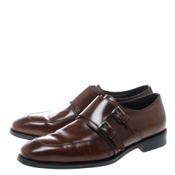 Salvatore Ferragamo Brown Leather Marcelo Double Monk Strap Loafers Size 42