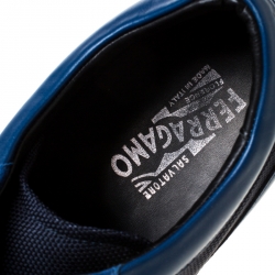 Pre Owned Salvatore Ferragamo Navy Blue Fabric and Leather Lace Up Low Top Sneakers Size 45