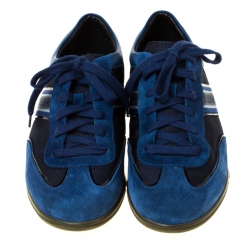 Pre Owned Salvatore Ferragamo Navy Blue Fabric and Leather Lace Up Low Top Sneakers Size 45