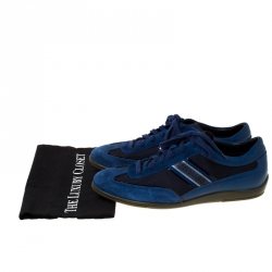 Pre Owned Salvatore Ferragamo Navy Blue Fabric and Leather Lace Up Low Top Sneakers Size 45