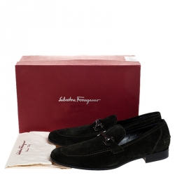 Pre Owned Salvatore Ferragamo Green Suede Gancio Bit Loafers Size 44.5