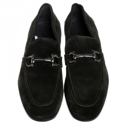 Pre Owned Salvatore Ferragamo Green Suede Gancio Bit Loafers Size 44.5