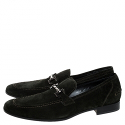 Pre Owned Salvatore Ferragamo Green Suede Gancio Bit Loafers Size 44.5