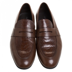 Pre Owned Salvatore Ferragamo Brown Croc Embossed Leather Penny Loafer Size 44.5