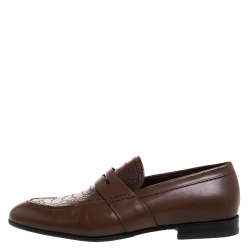 Pre Owned Salvatore Ferragamo Brown Croc Embossed Leather Penny Loafer Size 44.5
