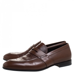 Pre Owned Salvatore Ferragamo Brown Croc Embossed Leather Penny Loafer Size 44.5