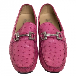 Pre Owned Salvatore Ferragamo Pink Ostrich Leather Horsebit Slip On Loafers Size 45
