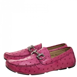 Pre Owned Salvatore Ferragamo Pink Ostrich Leather Horsebit Slip On Loafers Size 45