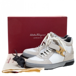 Salvatore Ferragamo White/Light Grey Leather Nayon High Top Sneakers Size 40