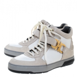Salvatore Ferragamo White/Light Grey Leather Nayon High Top Sneakers Size 40