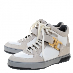 Salvatore Ferragamo White/Light Grey Leather Nayon High Top Sneakers Size 40