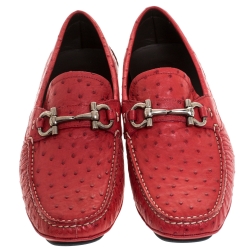Pre Owned Salvatore Ferragamo Red Ostrich Leather Parigi Driving Loafers Size 43
