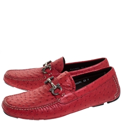 Pre Owned Salvatore Ferragamo Red Ostrich Leather Parigi Driving Loafers Size 43