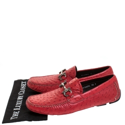 Pre Owned Salvatore Ferragamo Red Ostrich Leather Parigi Driving Loafers Size 43
