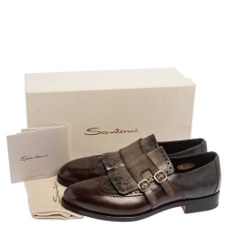 Santoni Brown/Grey Brogue Leather Fringe Monk Oxfords Size 44.5