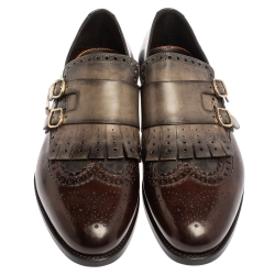 Santoni Brown/Grey Brogue Leather Fringe Monk Oxfords Size 44.5