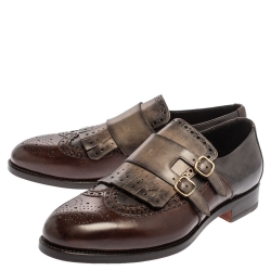 Santoni Brown/Grey Brogue Leather Fringe Monk Oxfords Size 44.5