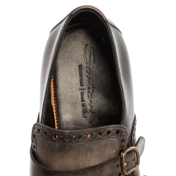 Santoni Brown/Grey Brogue Leather Fringe Monk Oxfords Size 44.5