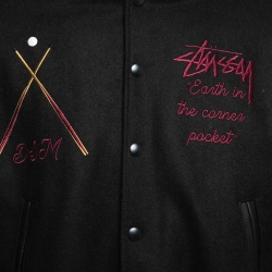 Stussy Black Wool & Leather Rib Knit Trimmed Varsity Jacket S