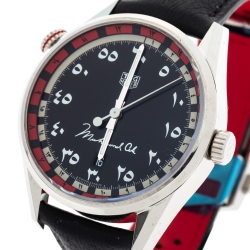 Pre Owned Tag Heuer Black Stainless Steel Leather Muhammad Ali Caliber 5 Carrera WAr2A12 Men's Wristwatch 43 mm