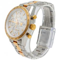 Pre Owned Tag Heuer White Carrera Steel & Yelllow Gold Plated Chronograph Automatic Men'S Watch 41MM  