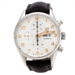 Pre Owned Tag Heuer Silver White Stainless Steel Leather Carrera Caliber 16 CV2A1AC Men's Wristwatch 43 mm
