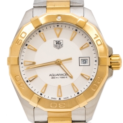 Tag Heuer Silver Opaline Two-Tone Stainless Steel Aquaracer WAY1120.BB0930 Men's Wristwatch 40.50 mm