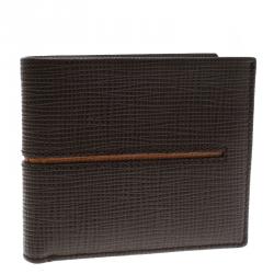 Tod's Brown Leather Stripe Orange Lined Bifold Wallet