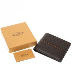 Tod's Brown Leather Stripe Orange Lined Bifold Wallet