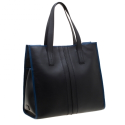 Tod's Black/Blue Leather Slim Script Tote