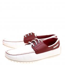 Pre Owned حذاء لوفرز تودز فور فيراري جلد أحمر وأبيض بفيونكة مقاس 42.5