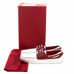 Pre Owned حذاء لوفرز تودز فور فيراري جلد أحمر وأبيض بفيونكة مقاس 42.5