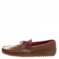 Pre Owned Tod's for Ferrari Brown and Red Leather Bow Loafers Size 42.5