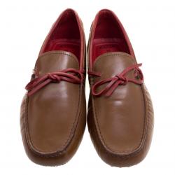 Pre Owned Tod's for Ferrari Brown and Red Leather Bow Loafers Size 42.5