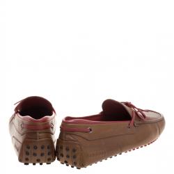 Pre Owned Tod's for Ferrari Brown and Red Leather Bow Loafers Size 42.5