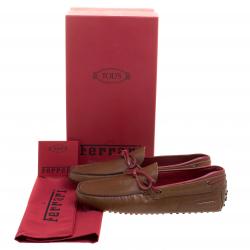 Pre Owned Tod's for Ferrari Brown and Red Leather Bow Loafers Size 42.5