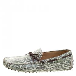 Pre Owned Tod's Green Abstract Print Leather Bow Loafers Size 44