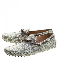 Pre Owned Tod's Green Abstract Print Leather Bow Loafers Size 44