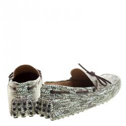 Pre Owned Tod's Green Abstract Print Leather Bow Loafers Size 44