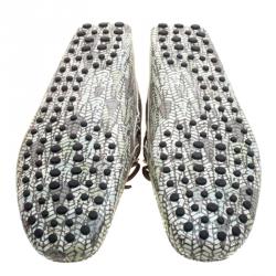 Pre Owned Tod's Green Abstract Print Leather Bow Loafers Size 44