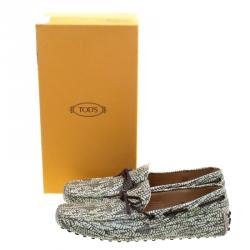 Pre Owned Tod's Green Abstract Print Leather Bow Loafers Size 44