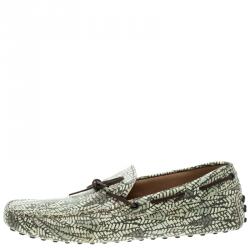 Pre Owned Tod's Green Abstract Print Leather Bow Loafers Size 44.5