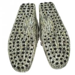 Pre Owned Tod's Green Abstract Print Leather Bow Loafers Size 44.5