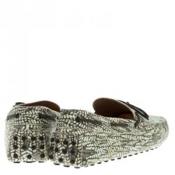 Pre Owned Tod's Green Abstract Print Leather Bow Loafers Size 44.5