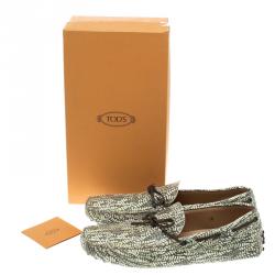 Pre Owned Tod's Green Abstract Print Leather Bow Loafers Size 44.5