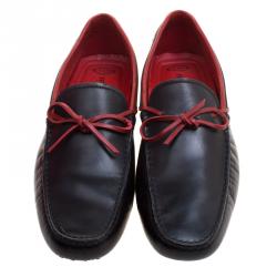 Pre Owned Tod's for Ferrari Black and Red Leather Bow Loafers Size 44